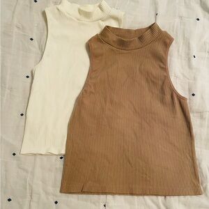 Chic Sleeveless Ribbed Tops - White and Tan